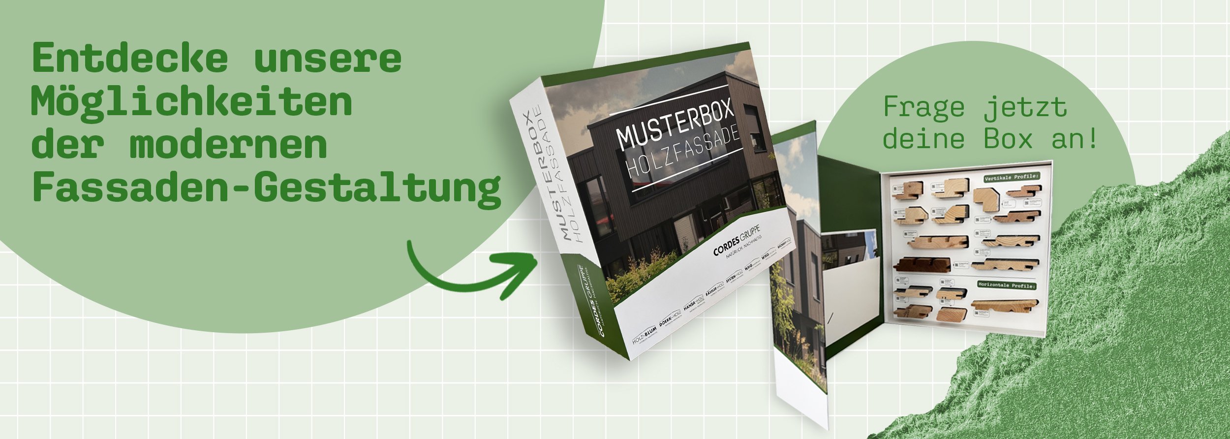 Grafik zur modernen Holzfassaden-Gestaltung mit Musterbox und Profilübersicht. Die Abbildung lädt dazu ein, eine Musterbox anzufordern und verschiedene Fassadenprofile für individuelle Bauprojekte zu entdecken.